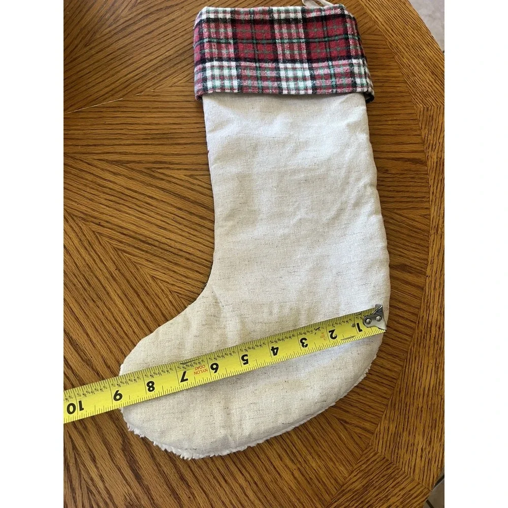 Christmas Stocking Fabric Cloth Beige Santa Plaid Country Rustic Primitive 17